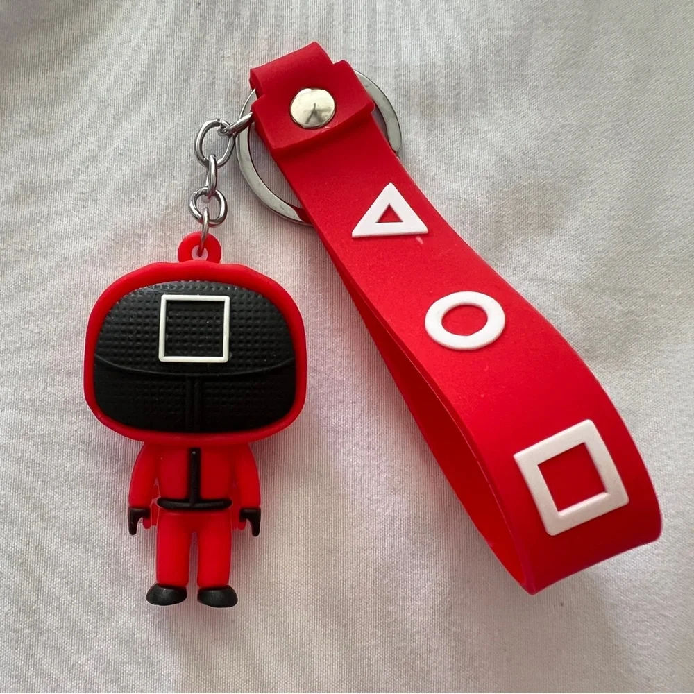 Squid Game Red Keychain with Character and Symbols